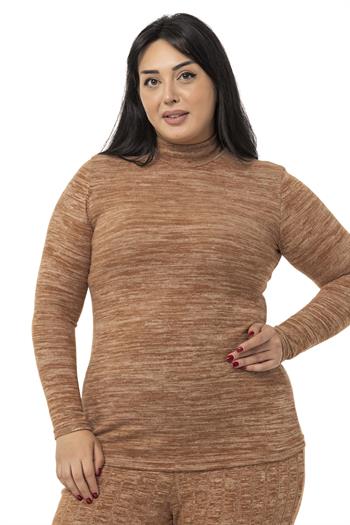 Büyük Beden Yarım Balıkçı Uzun Kollu Triko Kahverengi Body