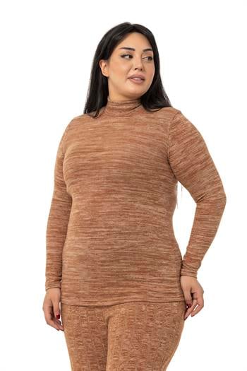 Büyük Beden Yarım Balıkçı Uzun Kollu Triko Kahverengi Body