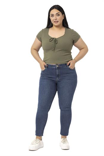Büyük Beden Yarım Kollu Göğüste Bağcık Detaylı Kaşkorse Haki Body