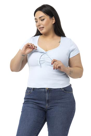 Büyük Beden Yarım Kollu Göğüste Bağcık Detaylı Kaşkorse Bebe Mavi Body