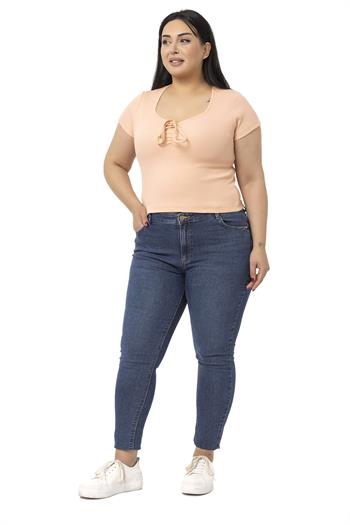 Büyük Beden Yarım Kollu Göğüste Bağcık Detaylı Kaşkorse Somon Body