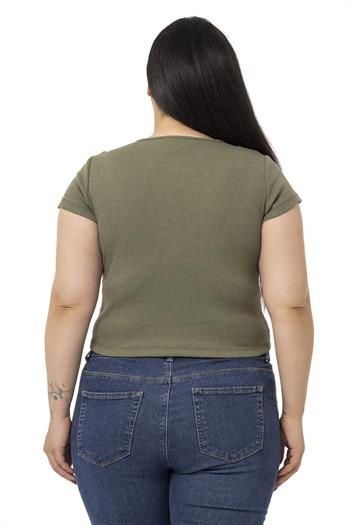 Büyük Beden Yarım Kollu Göğüste Bağcık Detaylı Kaşkorse Haki Body