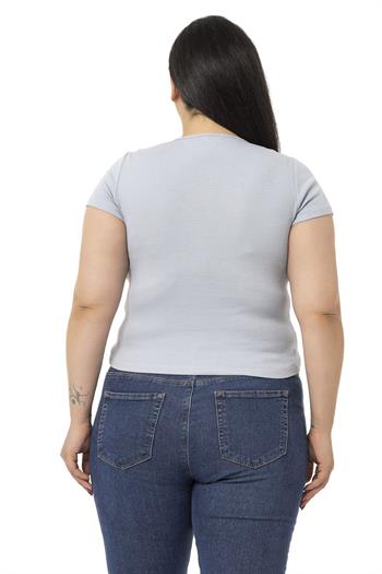 Büyük Beden Yarım Kollu Göğüste Bağcık Detaylı Kaşkorse Gri Body