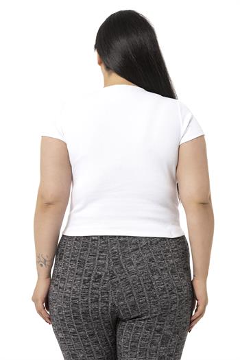 Büyük Beden Yarım Kollu Göğüste Bağcık Detaylı Kaşkorse Beyaz Body