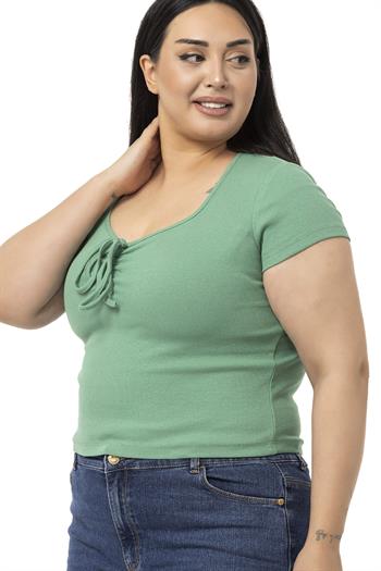 Büyük Beden Yarım Kollu Göğüste Bağcık Detaylı Kaşkorse Yeşil Body