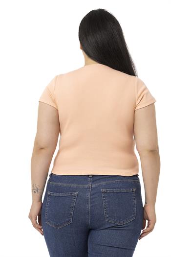 Büyük Beden Yarım Kollu Göğüste Bağcık Detaylı Kaşkorse Somon Body