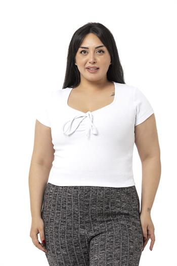 Büyük Beden Yarım Kollu Göğüste Bağcık Detaylı Kaşkorse Beyaz Body
