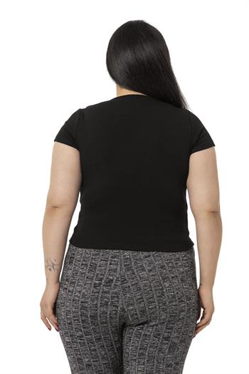 Büyük Beden Yarım Kollu Göğüste Bağcık Detaylı Kaşkorse Siyah Body