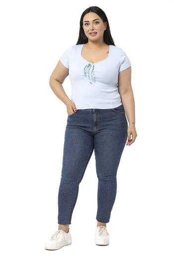 Büyük Beden Yarım Kollu Göğüste Bağcık Detaylı Kaşkorse Bebe Mavi Body