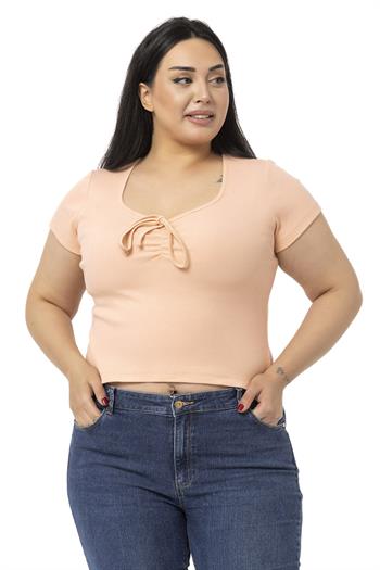 Büyük Beden Yarım Kollu Göğüste Bağcık Detaylı Kaşkorse Somon Body