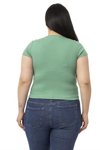 Büyük Beden Yarım Kollu Göğüste Bağcık Detaylı Kaşkorse Yeşil Body