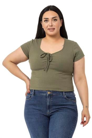 Büyük Beden Yarım Kollu Göğüste Bağcık Detaylı Kaşkorse Haki Body