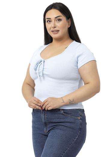 Büyük Beden Yarım Kollu Göğüste Bağcık Detaylı Kaşkorse Bebe Mavi Body