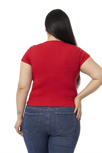 Büyük Beden Yarım Kollu Göğüste Bağcık Detaylı Kaşkorse Kırmızı Body