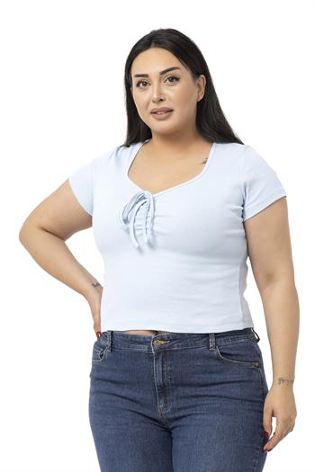 Büyük Beden Yarım Kollu Göğüste Bağcık Detaylı Kaşkorse Bebe Mavi Body