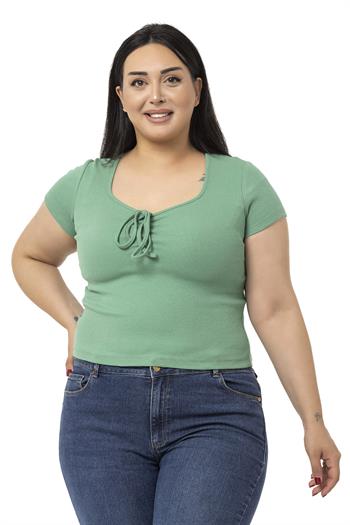 Büyük Beden Yarım Kollu Göğüste Bağcık Detaylı Kaşkorse Yeşil Body