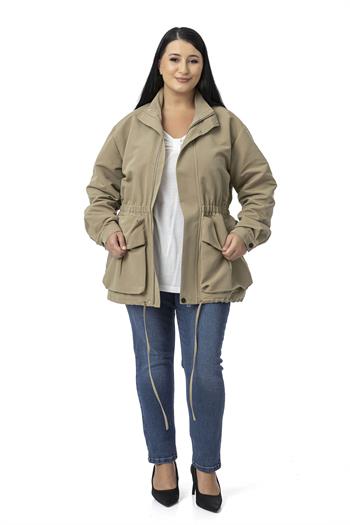 Büyük Beden Çıtçıt ve Fermuar Kapamalı Beli Büzgülü Astarlı Çağla Yeşili Trençkot