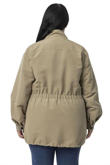 Büyük Beden Çıtçıt ve Fermuar Kapamalı Beli Büzgülü Astarlı Çağla Yeşili Trençkot