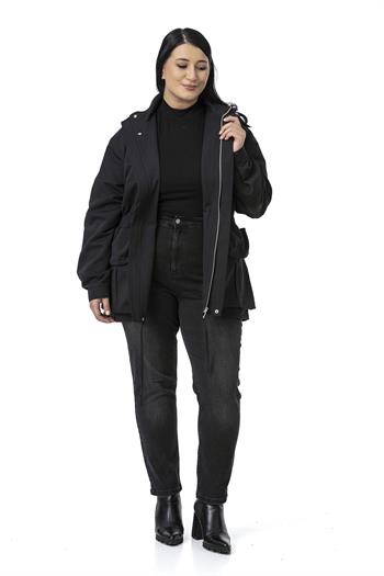 Büyük Beden Çıtçıt ve Fermuar Kapamalı Beli Büzgülü Astarlı Siyah Trençkot