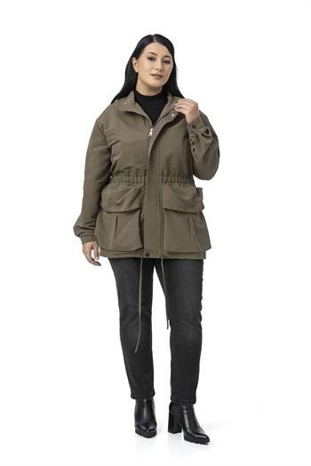 Büyük Beden Çıtçıt ve Fermuar Kapamalı Beli Büzgülü Astarlı Haki Trençkot