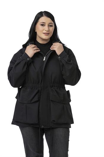 Büyük Beden Çıtçıt ve Fermuar Kapamalı Beli Büzgülü Astarlı Siyah Trençkot