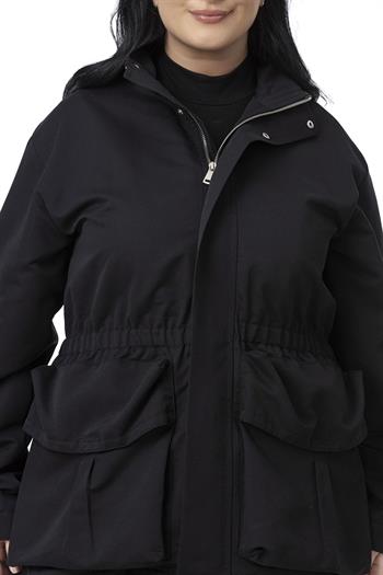 Büyük Beden Çıtçıt ve Fermuar Kapamalı Beli Büzgülü Astarlı Siyah Trençkot