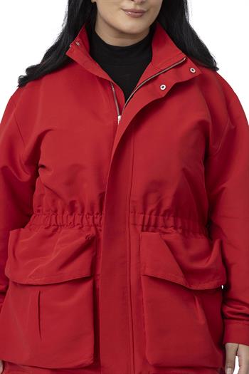 Plus Size Red Trench Coat with Snap and Zipper Closure