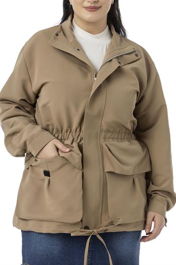 Büyük Beden Çıtçıt ve Fermuar Kapamalı Beli Büzgülü Astarlı Vizon Trençkot