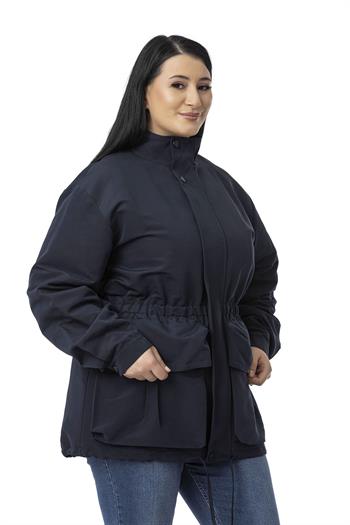 Büyük Beden Çıtçıt ve Fermuar Kapamalı Beli Büzgülü Astarlı Lacivert Trençkot