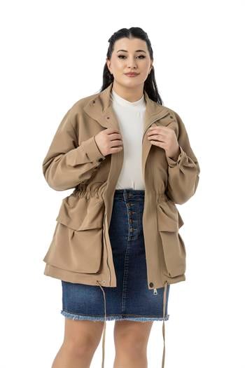 Büyük Beden Çıtçıt ve Fermuar Kapamalı Beli Büzgülü Astarlı Vizon Trençkot