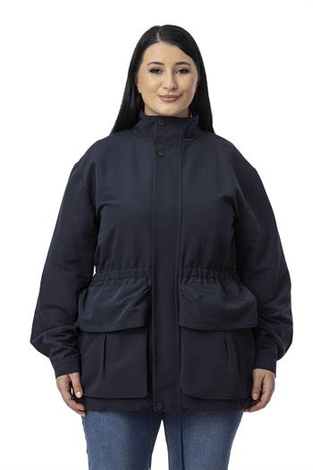 Büyük Beden Çıtçıt ve Fermuar Kapamalı Beli Büzgülü Astarlı Lacivert Trençkot