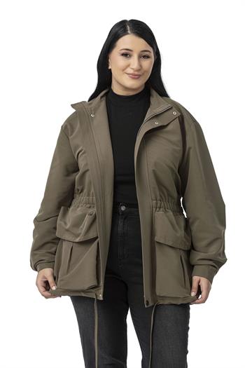 Büyük Beden Çıtçıt ve Fermuar Kapamalı Beli Büzgülü Astarlı Haki Trençkot