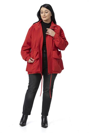 Plus Size Red Trench Coat with Snap and Zipper Closure