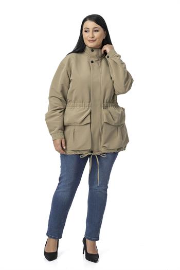 Büyük Beden Çıtçıt ve Fermuar Kapamalı Beli Büzgülü Astarlı Çağla Yeşili Trençkot