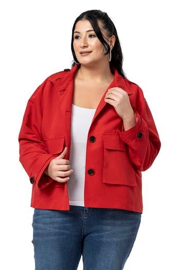 Büyük Beden Dik Yaka Kapaklı Torba Cepli Astarlı Kısa Kırmızı Trençkot