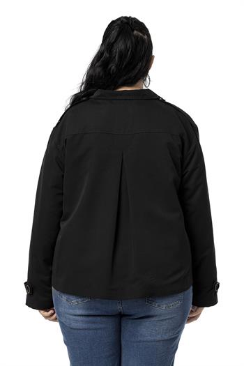 Büyük Beden Dik Yaka Kapaklı Torba Cepli Astarlı Kısa Siyah Trençkot