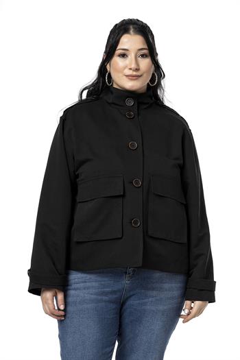 Büyük Beden Dik Yaka Kapaklı Torba Cepli Astarlı Kısa Siyah Trençkot