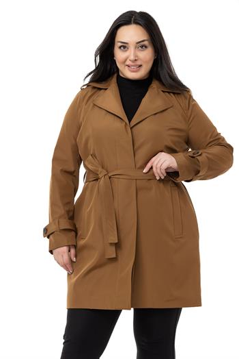 Büyük Beden Fleto Cepli Gizli Düğmeli Apoletli Astarlı Tarçın Trençkot