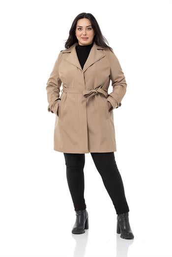 Büyük Beden Fleto Cepli Gizli Düğmeli Apoletli Astarlı Vizon Trençkot