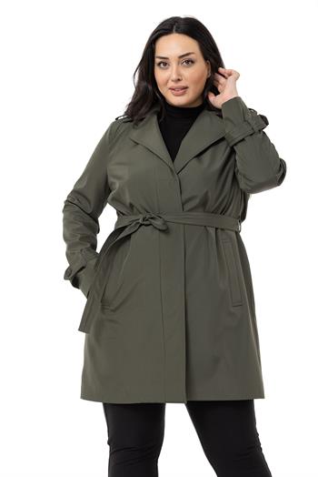 Büyük Beden Fleto Cepli Gizli Düğmeli Apoletli Astarlı Haki Trençkot