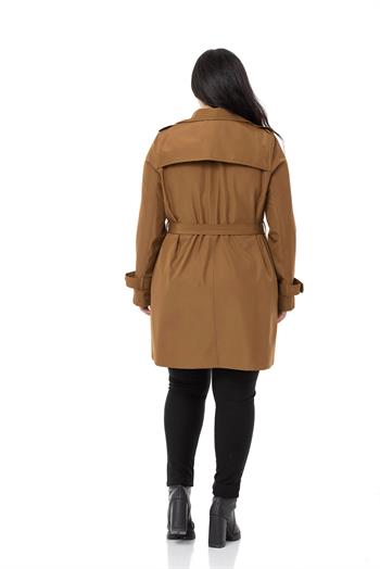 Büyük Beden Fleto Cepli Gizli Düğmeli Apoletli Astarlı Tarçın Trençkot