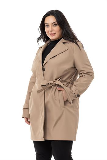 Büyük Beden Fleto Cepli Gizli Düğmeli Apoletli Astarlı Vizon Trençkot