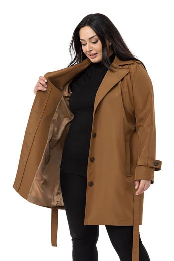 Büyük Beden Fleto Cepli Gizli Düğmeli Apoletli Astarlı Tarçın Trençkot