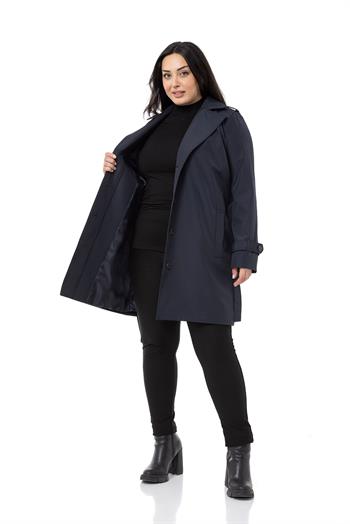 Büyük Beden Fleto Cepli Gizli Düğmeli Apoletli Astarlı Koyu Lacivert Trençkot