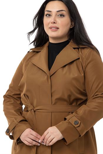 Büyük Beden Fleto Cepli Gizli Düğmeli Apoletli Astarlı Tarçın Trençkot