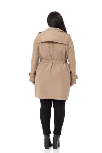 Büyük Beden Fleto Cepli Gizli Düğmeli Apoletli Astarlı Vizon Trençkot