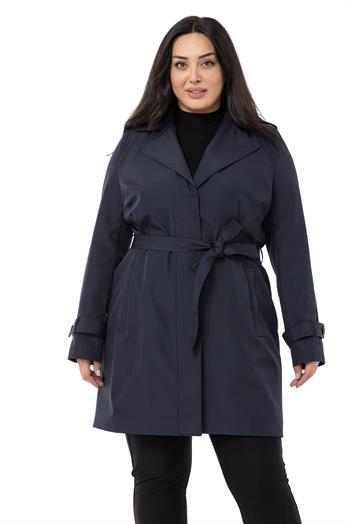 Büyük Beden Fleto Cepli Gizli Düğmeli Apoletli Astarlı Koyu Lacivert Trençkot