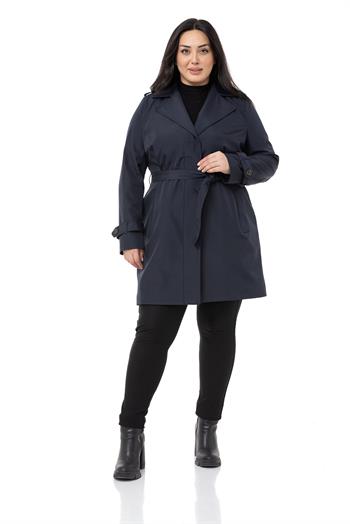 Büyük Beden Fleto Cepli Gizli Düğmeli Apoletli Astarlı Koyu Lacivert Trençkot