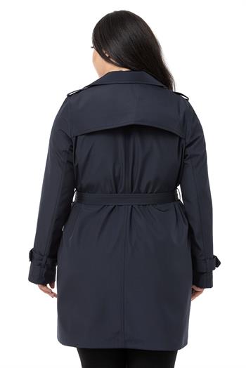 Büyük Beden Fleto Cepli Gizli Düğmeli Apoletli Astarlı Koyu Lacivert Trençkot