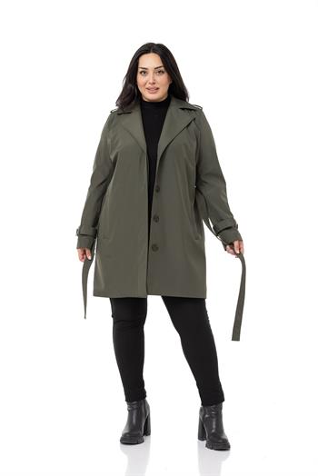 Büyük Beden Fleto Cepli Gizli Düğmeli Apoletli Astarlı Haki Trençkot